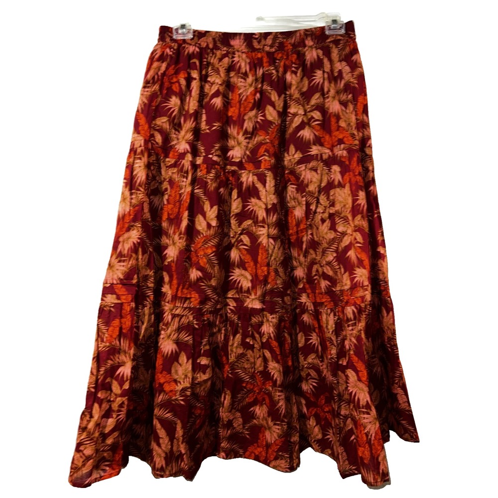 Antthony Original Womens Burgundy Tropical Palm Tiered‎ Cotton Maxi Skirt PL NEW